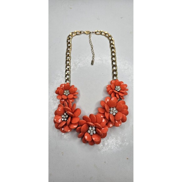 Gold-Tone Chain And Chunky Orange Flowers With Rhinestone Centers Bib Necklace - Picture 1 of 5